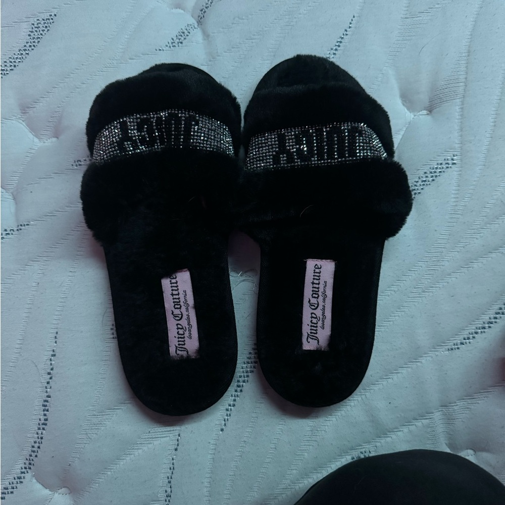 Juicy Couture Black Fuzzy Slippers with Sparkle Accents